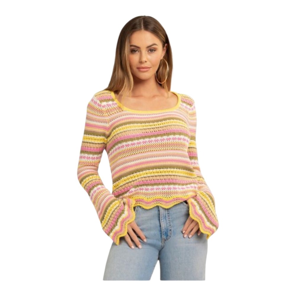 Jessica Simpson Lilianna Women XL Multi Color Cotton Striped Pointelle Sweater
